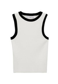 Sleeveless knit top in white with black ribbed accents at the neckline and armholes; form-fitting design and smooth texture.