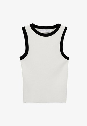 Top tricotat fără mâneci, de culoare albă, cu accente negre cu rigel la decolteu și la brațe; design ajustat și textură netedă.