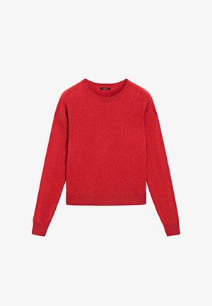 Maglione rosso lavorato a maglia con scollatura rotonda, maniche lunghe e dettagli a coste sui polsini e sull'orlo. Il tessuto sembra morbido e testurizzato.