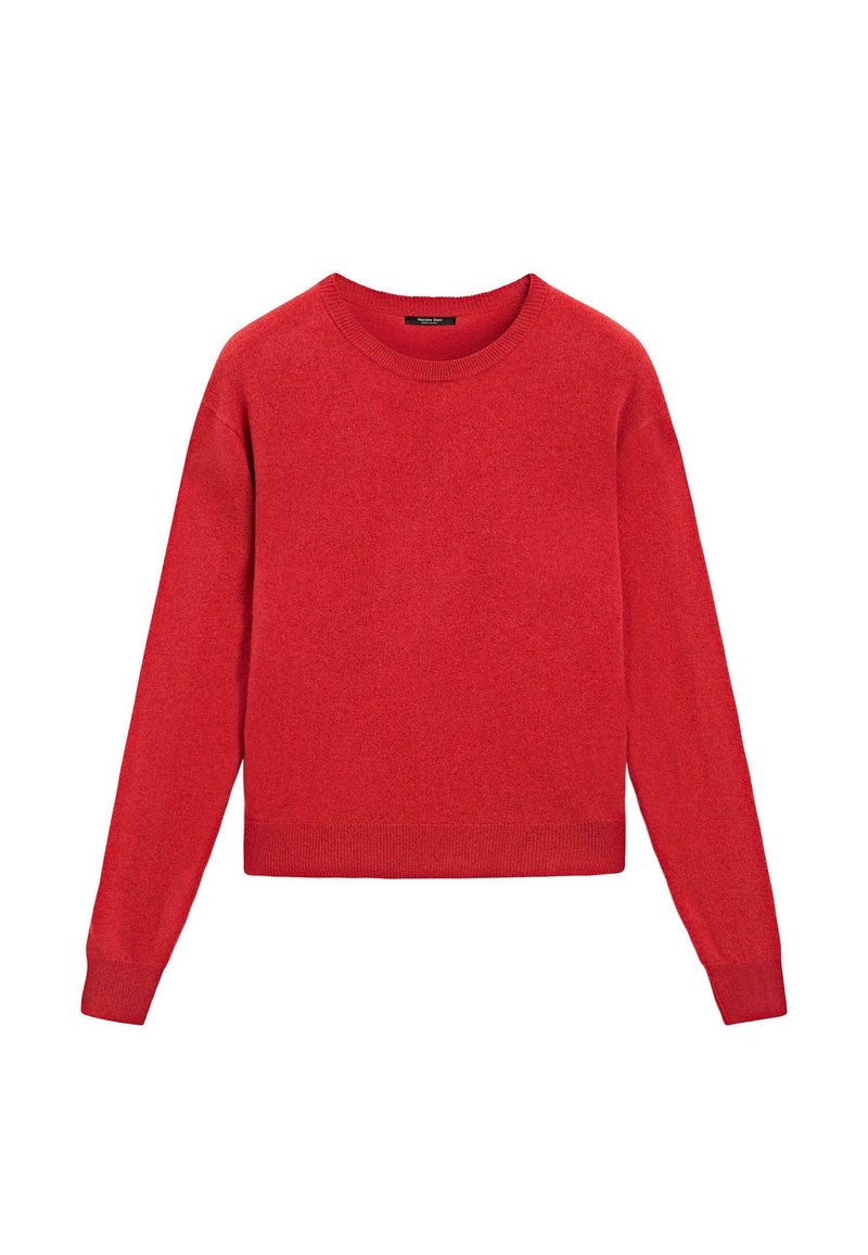 Maglione rosso lavorato a maglia con scollatura rotonda, maniche lunghe e dettagli a coste sui polsini e sull'orlo. Il tessuto sembra morbido e testurizzato.