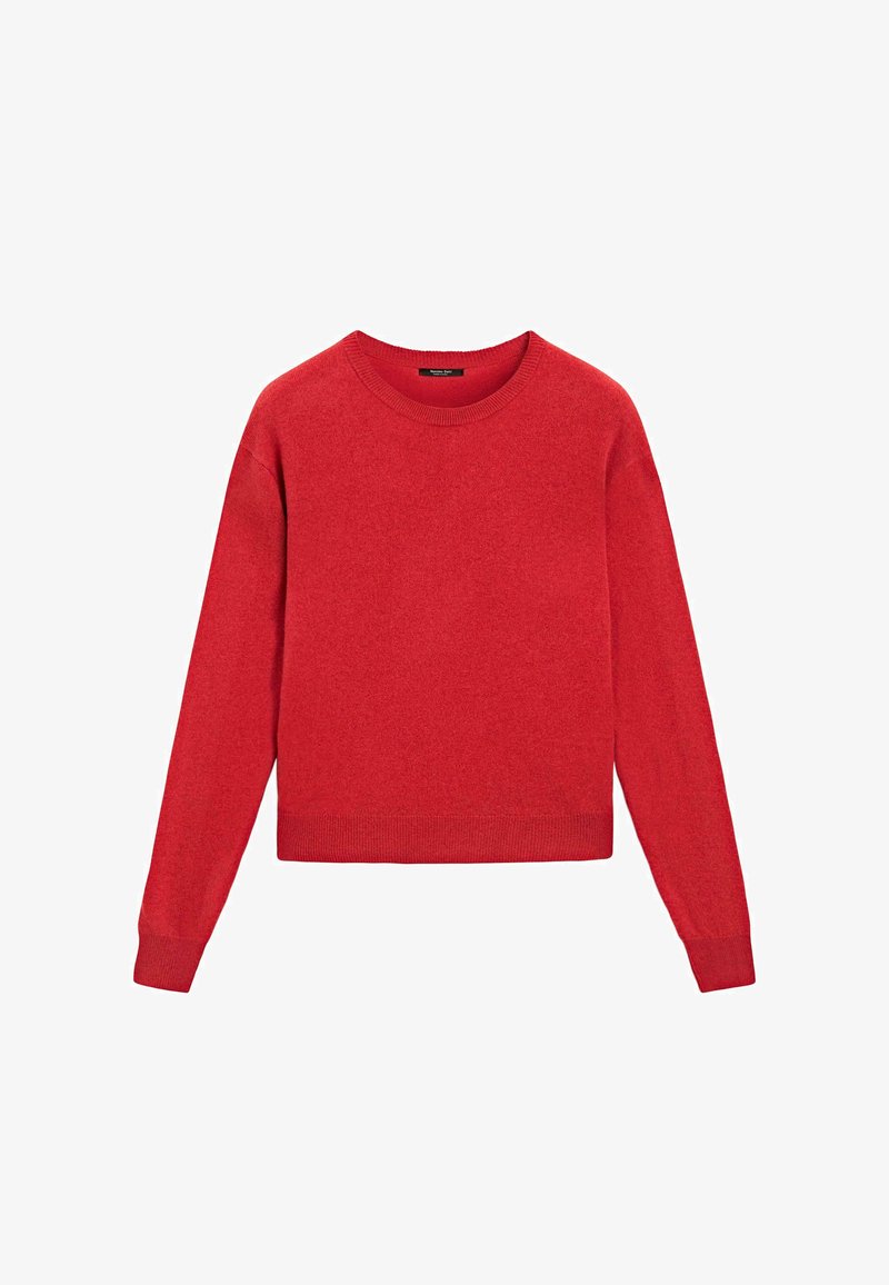 Maglione rosso lavorato a maglia con scollatura rotonda, maniche lunghe e dettagli a coste sui polsini e sull'orlo. Il tessuto sembra morbido e testurizzato.