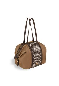 Borsa marrone e beige con doppi manici marrone scuro, pannello centrale decorato e zip dorata su sfondo bianco.