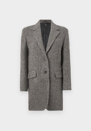 Cappotto grigio a motivo a spina di pesce con rever a punte, due bottoni e tasche frontali. Progettato con una vestibilità su misura e maniche lunghe.