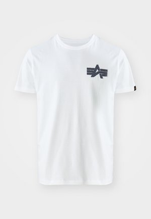 White cotton T-shirt with a round neck, short sleeves, featuring a navy blue embroidered logo and three horizontal stripes on the chest area.