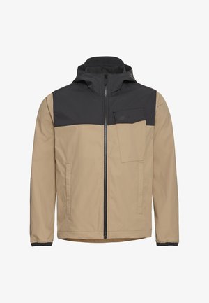 Beige en zwart zip-up jack met capuchon, borstzakklep en zijzakken, ontworpen voor gebruik buitenshuis.