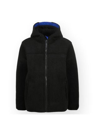 Veste en polaire noire avec fermeture éclair sur le devant, capuche et doublure bleue. Dotée de deux poches latérales et d'une texture lisse. Design simple et uni.