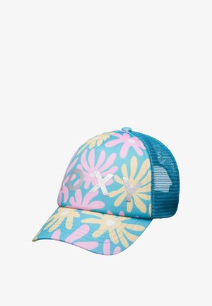 Casquette de baseball en mesh bleu avec un motif floral rose et jaune et un lettrage argenté "ROXY" sur le panneau avant.