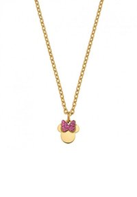 Collana in tono oro con pendente a forma di scimmia adornato da un fiocco di glitter rosa. Il design della catena è composto da segmenti metallici collegati.