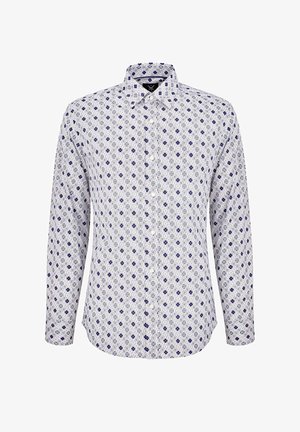 Biała koszula z długim rękawem zapinana na guziki w niebieski geometryczny wzór. Posiada klasyczny kołnierzyk oraz dopasowany krój. Tkanina bawełniana.
