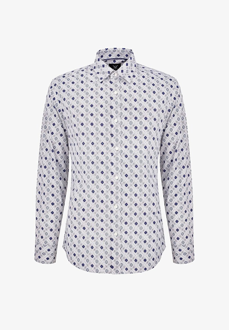 Biała koszula z długim rękawem zapinana na guziki w niebieski geometryczny wzór. Posiada klasyczny kołnierzyk oraz dopasowany krój. Tkanina bawełniana.
