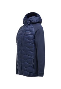 Padded navy jacket with a hood, featuring quilted texture on the front, smooth fabric on sleeves, and zippered side pockets.