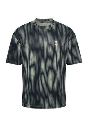 Korte mouwen T-shirt van lichtgewicht stof met een zwart-groen abstract patroon, een ronde halslijn en een subtiele logo.