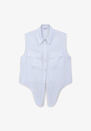 Ärmelloses weißes Hemd mit Kragen, Knopfverschluss und zwei aufgesetzten Taschen mit Klappen vorne. Glatter Stoff, abgerundeter Saum.