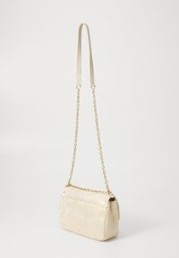 Borsa a tracolla di colore oro metallizzato con una forma strutturata, texture liscia e una tracolla a catena. Dotata di chiusura con zip e design minimalista.