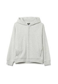 Sudadera con capucha y cremallera en gris claro, fabricada con tela suave. Cuenta con capucha, bolsillos delanteros, puños acanalados y textura lisa sin patrones.