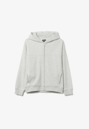 Lichtgrijze zip-up hoodie gemaakt van zachte stof. Voorzien van een capuchon, voorzakken, geribbelde manchetten en een effen textuur zonder patronen.
