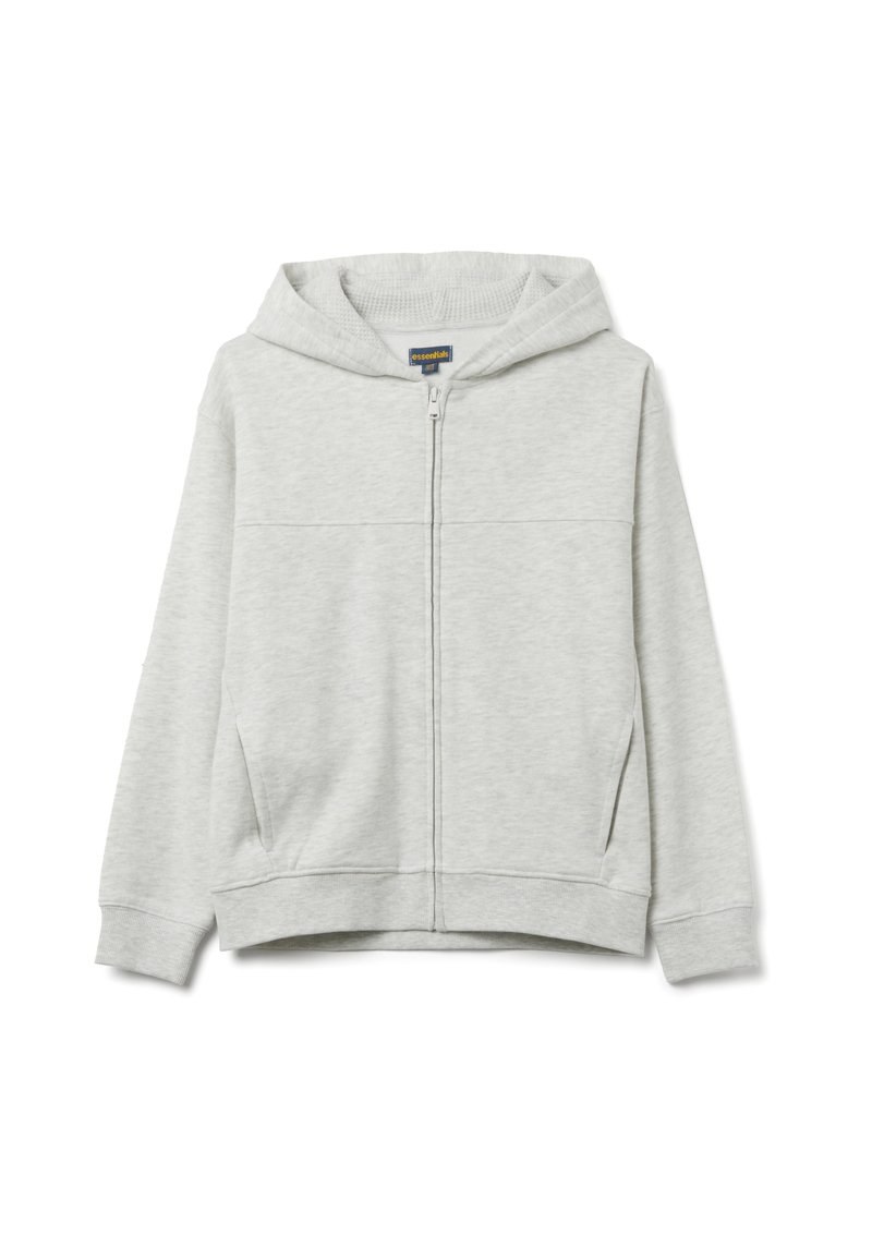 Sudadera con capucha y cremallera en gris claro, fabricada con tela suave. Cuenta con capucha, bolsillos delanteros, puños acanalados y textura lisa sin patrones.