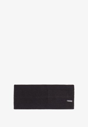 Fascia nera in maglia con texture a coste, design semplice e una piccola etichetta con logo cucita di lato. Misura circa 61 centimetri di larghezza.