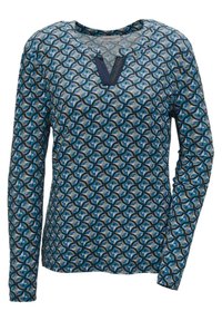 Langarmoberteil mit einem gemusterten Design in Blau- und Grautönen, mit einem V-Ausschnitt und strukturierten Akzenten.