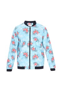 Bloemen bomberjack in lichtblauwe stof. Heeft een rits aan de voorkant, marineblauwe boorden en zoom, met roze en rode bloemenpatronen en palmbladeren.