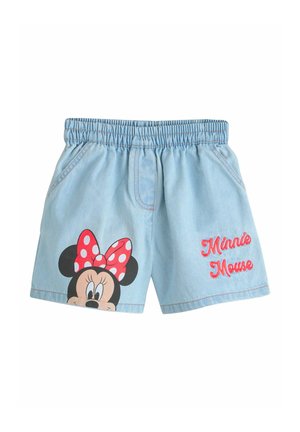 Jasnoniebieskie dziecięce szorty z elastycznym pasem, z wizerunkiem Minnie Mouse z czerwonym kokardką w białe kropki oraz napisem "Minnie Mouse" na czerwono.