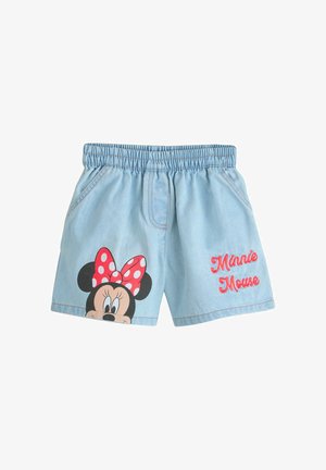 Pantaloni scurți pentru copii, de culoare albastru deschis, cu talie elastică, având fața lui Minnie Mouse cu fundiță roșie cu buline și textul „Minnie Mouse” în roșu.