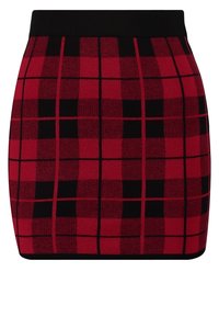 Jupe mini à carreaux rouges et noirs avec une taille noire, présentant un tissu en tricot texturé et une coupe ajustée.