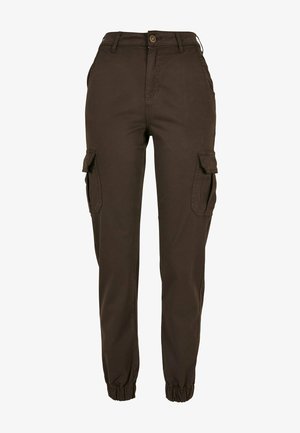 Dark brown cargo pants made of cotton blend, featuring two side pockets, elastic cuffs, and a button closure at the waist.