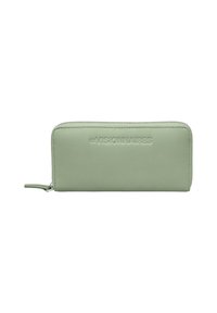 Green leather wallet with a smooth texture, zip closure, and embossed branding. Rectangular shape with rounded corners.