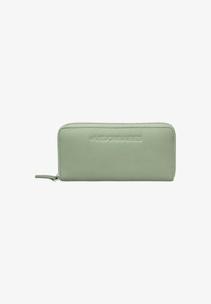 Green leather wallet with a smooth texture, zip closure, and embossed branding. Rectangular shape with rounded corners.