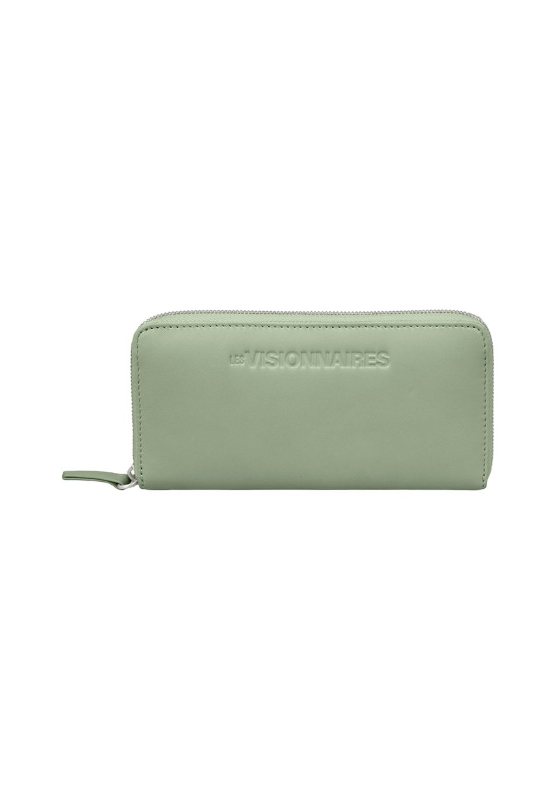 Green leather wallet with a smooth texture, zip closure, and embossed branding. Rectangular shape with rounded corners.