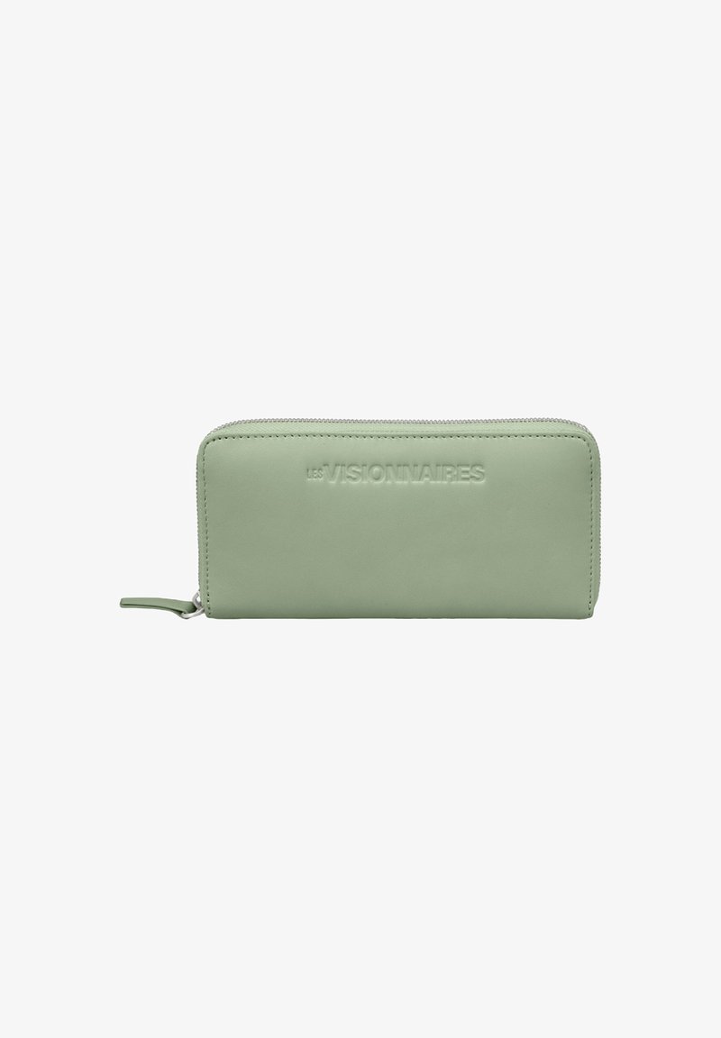 Green leather wallet with a smooth texture, zip closure, and embossed branding. Rectangular shape with rounded corners.