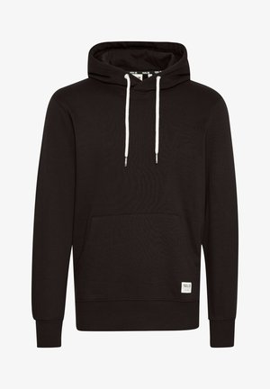 Mustmust riide, millel on eesmine känguru tasku, reguleeritavad valged paelad, soonikkoes mansetid ja väike valge logo silt allservas.