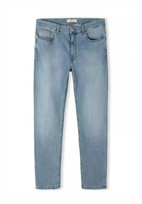 Jasnoniebieskie dżinsy w wąskim kroju, z średnim stanem, pięcioma kieszeniami i delikatnym wyblaknięciem w fakturze materiału.