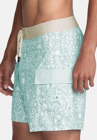 Lichtblauwe zwembroek met een textuurpatroon, voorzien van een beige tailleband, koord en een zijvak met een klep.