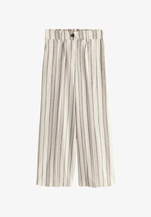 Fehér, széles szárú nadrág, függőleges bézs és szürke csíkokkal, gombos záródással és övbújtatókkal.