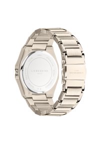 RVS polshorloge met octagonale kast, zilverkleurige band en een gepolijste ronde achterzijde. Voorzien van stijlvolle schakels en sluiting.