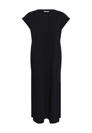 Vestido maxi negro de manga corta con escote redondo y ajuste suelto y recto, mostrado sobre un fondo blanco.