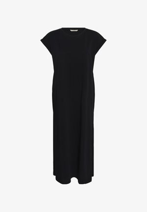 Vestido maxi negro de manga corta con escote redondo y ajuste suelto y recto, mostrado sobre un fondo blanco.