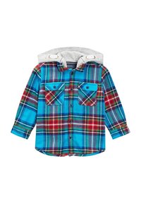 Flanellhemd mit blauem, rotem und grünem Karomuster. Besitzt zwei blaue Brusttaschen und eine angenähte graue Kapuze. Langärmlig, mit Knopfleiste.