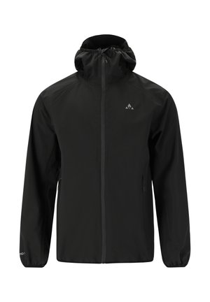 Czarna kurtka wykonana z lekkiego, wodoodpornego materiału. Posiada kaptur, pełny zamek z przodu i boczne kieszenie. Gładka textura z elastycznymi mankietami.