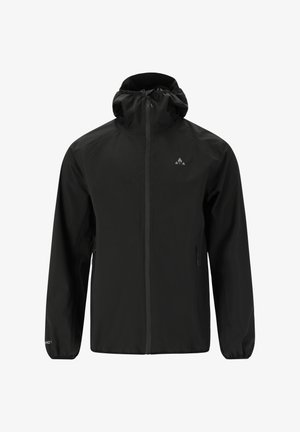 Sort jakke lavet af letvægts, vandafvisende materiale. Har hætte, fuld frontlynlås og sidelommer. Glat tekstur med elastiske manchetter.