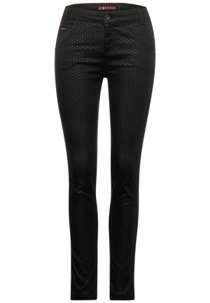 Pantalones vaqueros skinny negros con un patrón texturizado, bolsillos frontales y cierre de botón. Fabricados con tejido elástico para mayor comodidad y ajuste.