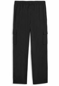 Zwarte cargobroek met een elastische taille, rechte pijpen en zijzakken. Gemaakt van lichte stof voor comfort en bewegingsgemak.