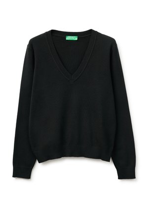 Jersey de punto negro de manga larga con escote en V, puños y dobladillo acanalados, mostrado extendido con etiqueta verde de United Colors of Benetton en el interior del cuello.