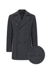 Dwuwarstwowy płaszcz z wełny w ciemnoszarym kolorze, z klapami notczastymi, z dużymi guzikami i szczegółem w jodełkę w okrągłym wcięciu.