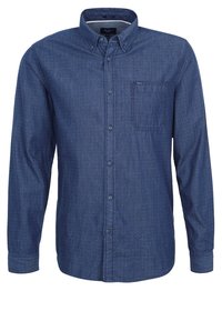 Långärmad skjorta i mörkblå denim med ett subtilt rutmönster, en bröstficka och en klassisk kragsdesign.
