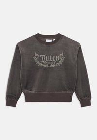 Sötét szürke pulóver, puha textúrával, strasszokkal díszített "Juicy Couture" logóval a mell részen és bordázott nyakkal.