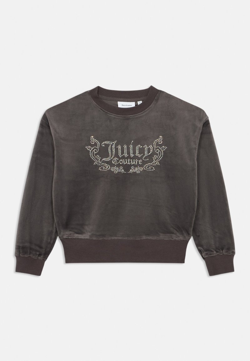 Sötét szürke pulóver, puha textúrával, strasszokkal díszített "Juicy Couture" logóval a mell részen és bordázott nyakkal.