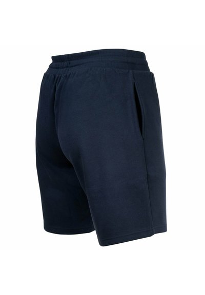 Pantaloni corti casual blu navy scuro con cintura elastica e tasche laterali, mostrati da una vista tre quarti posteriore.